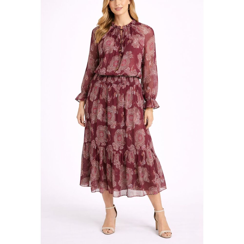 Zara Tiered Paisley Maxi Dress Burgundy Multi XS